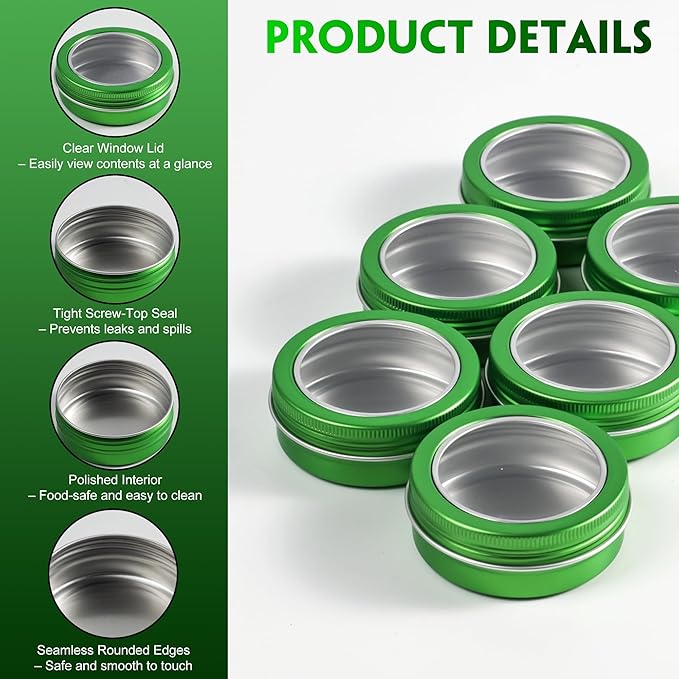 24 Pack 2 Ounce Screw Top Aluminum Tin Jar with Screw Clear Lid and Blank Labels, Refillable 60ml Metal Containers for Lip Balms, Candles, Salves, Spices, Crafts (Green)