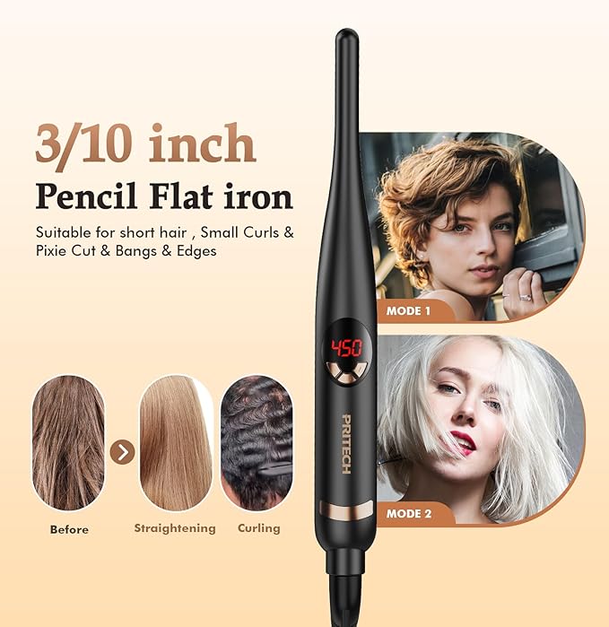 Small Flat Irons for Short Hair, 3/10" Thin Flat Iron for Short Hair, Pixie Cut and Bangs, Negative Ions Small Hair Straightener for Edges with 10th Adjustable Temp. Auto Shut Off