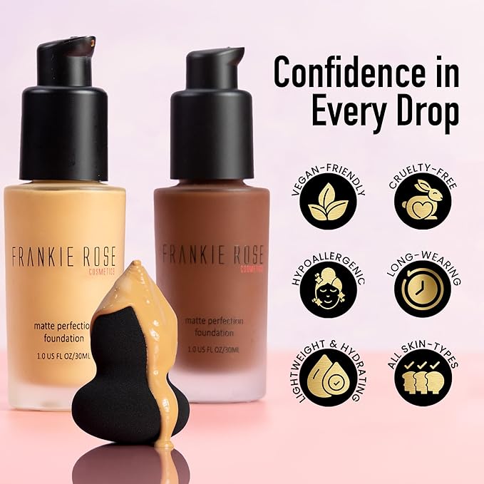 Frankie Rose Cosmetics Matte Perfection Foundation Makeup – Long-Lasting, Hydrating Foundation for Semi-Matte Finish - Full Coverage for All Skin Types - (Neutral) 1.0 US fl oz / 30 ml