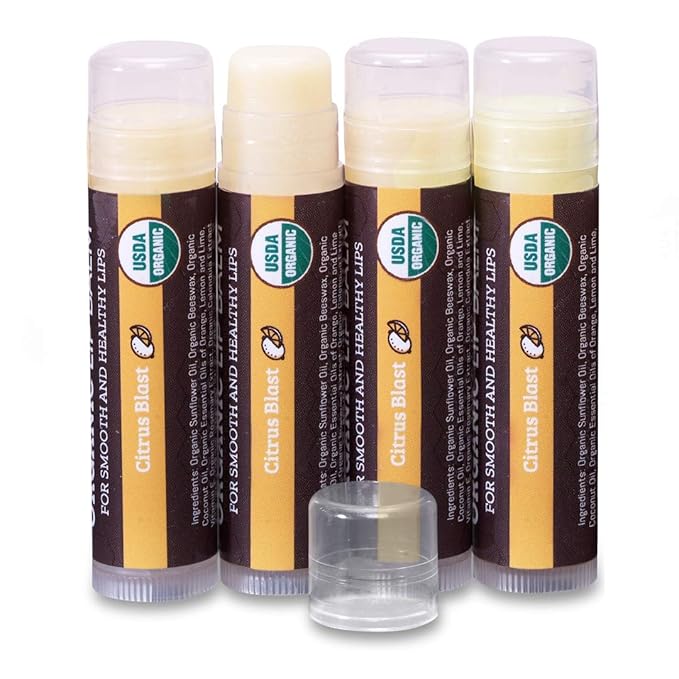 Earth's Daughter USDA Organic Lip Balm Stocking Stuffers 4-Pack Citrus Flavor - Beeswax, Coconut Oil, Vitamin E - Best Lip Repair Chapstick for Dry Cracked Lips.