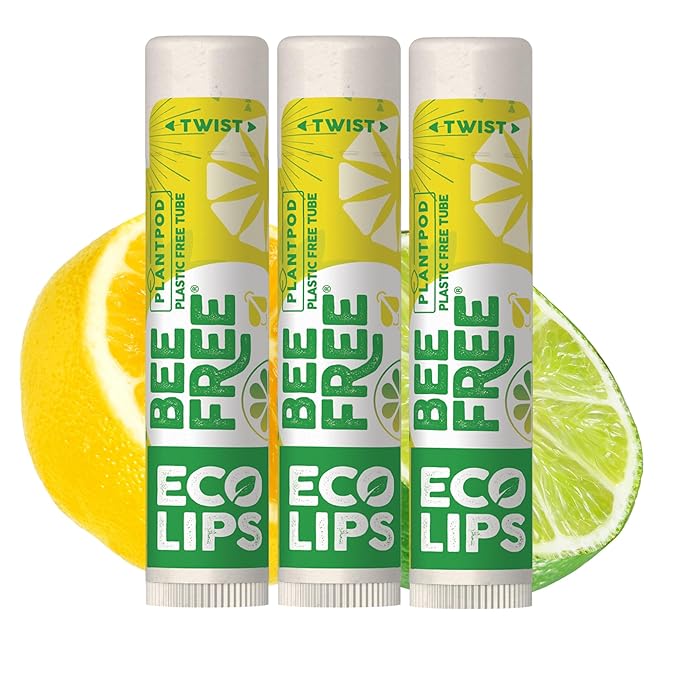 Vegan Lip Balm Lemon Lime Flavor 3 Pack - Bee Free with Candelilla Wax, Cocoa Butter & Coconut Oil Lip Care. Soothe & Moisturize Dry, Chapped Lips - 100% Plastic-Free Plant Pod Packaging - Made in USA