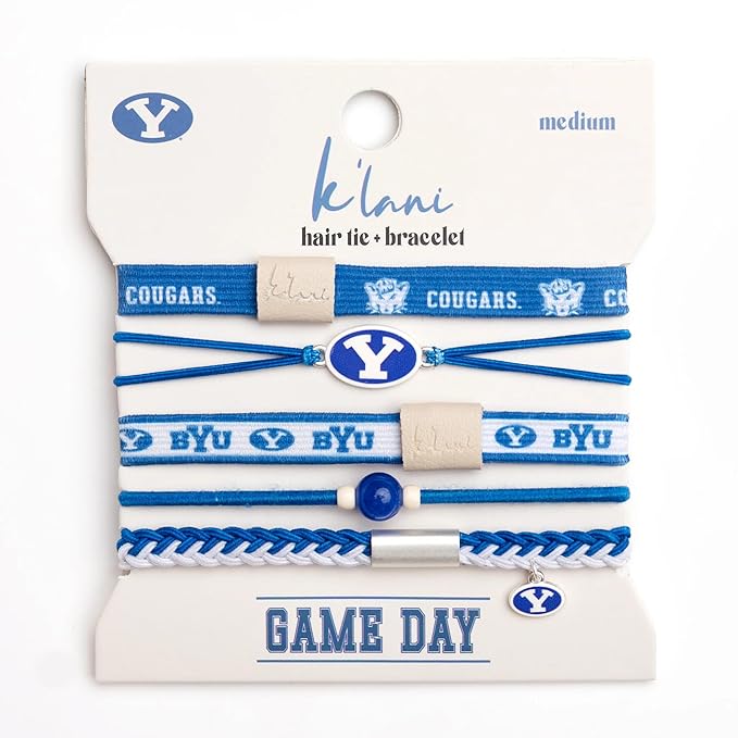 K'lani Game Day Hair Tie Bracelets – 5-Pack Stretchy No-Crease Hair Ties & Stylish Bracelets – Team Color Accessory for Hair or Wrist - BYU, Medium