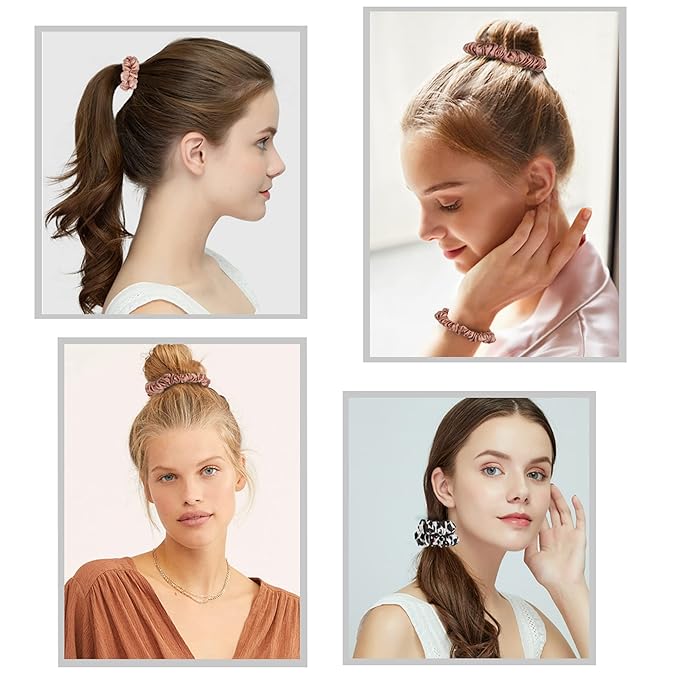 Hair Ties Silk Satin Scrunchies - Small Mini Thin Elestics Ponytail Holder Hair Bands Skinny Scrunchy For Thick Curl Hair No Crease Hair Ties Soft Accessories No Hurt Your Hair for Women and Girls