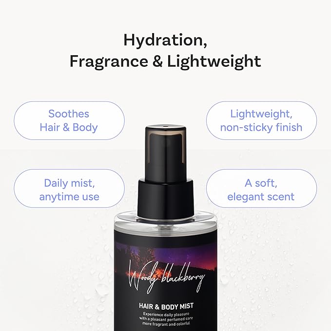 Perfumed Hair Mist for Women – Castor Oil for Shine & Long-Lasting Scent, Clean Hair Perfume & Body Mist – Botanical Waters & 17 Amino Acids, Sulfate, Paraben, Silicone-Free – Woody Darkberry, 125ml