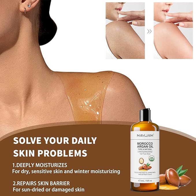 MAYJAM Organic Moroccan Argan Oil 16 Fl Oz, USDA Certified 100% Pure & Natural Carrier Oil For Dry, Damaged Skin, Hair, Face, Body & Scalp Moisturing, Massage Oils for Essential Oils Mixing (473ml)