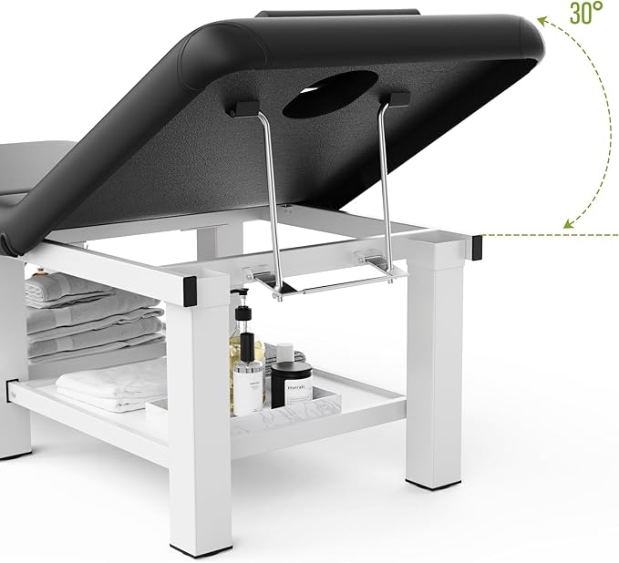 30.5'' Wide × 75'' Long Folding Stationary Massage Table with Backrest and Storage Space for Treatment Table Physical Therapy Table Spa Facial Bed, 6 Square legs, Metal Frame PU Leather - Black