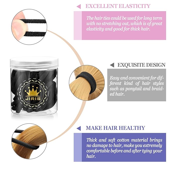 50Pcs Black Hair Ties for Women Girls,Cotton Seamless Hair Ties, Soft Ponytail Holders,No Crease No Damage Elastics Hair Bands with Box for Thick Heavy and Curly Hair (Black)