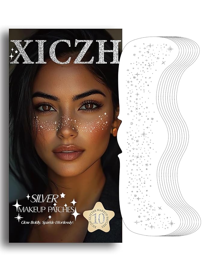 Face Glitter, Body and Face Glitter Makeup Patches for Women Girls, Waterproof Festival Rave Accessories fit Country Concert Outfits (Silver - 10 pcs)