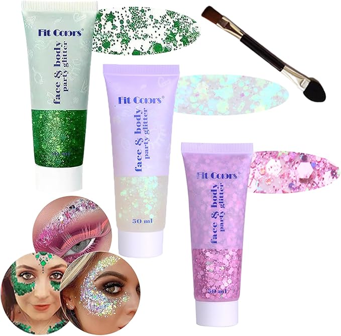 Body Glitter Face Glitter Gel: Singer Concerts Disco Festival Rave Accessories Face Glitter Makeup Chunky Sequins Mermaid Face Body Hair Glitter Gel (Green&White&Pink)