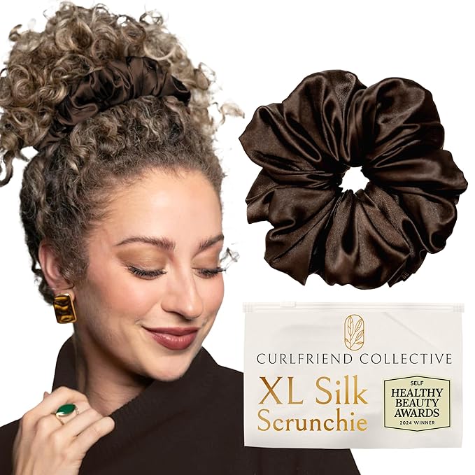 Silk Scrunchies for Women Ponytail Holders – Oversized Mulberry Silk Scrunchies – Extra Large No Damage Hair Ties for Curly, Thick, and Thin - Hair Accessories for Women – Espresso, XL By Curlfriend