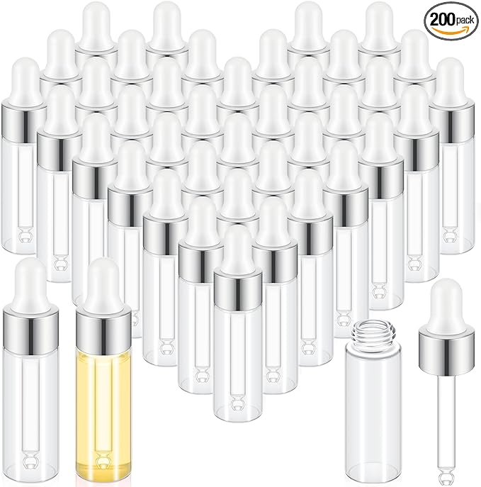 200 Pcs Mini Glass Oil Dropper Bottle Bulk, Clear Essential Small Empty Bottles Sample Containers Perfume Liquid Vials with Cap for Traveling (5 ml,Silver)