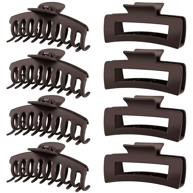 TOCESS Hair Claw Clips for Women - Large 8PK Neutral Matte Jumbo Square Hair Clips for Thick, Thin, Long, Short, Curly Hair Girls, Big Jaw Clip Set for Daily Use(Mocha Brown)