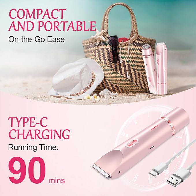 2-in-1 Bikini Trimmer for Women, Bikini Shaver, Dual Head Electric Razor, IPX7 Waterproof Wet/Dry, USB Rechargeable for Pubic/Underarm/Leg, Pink