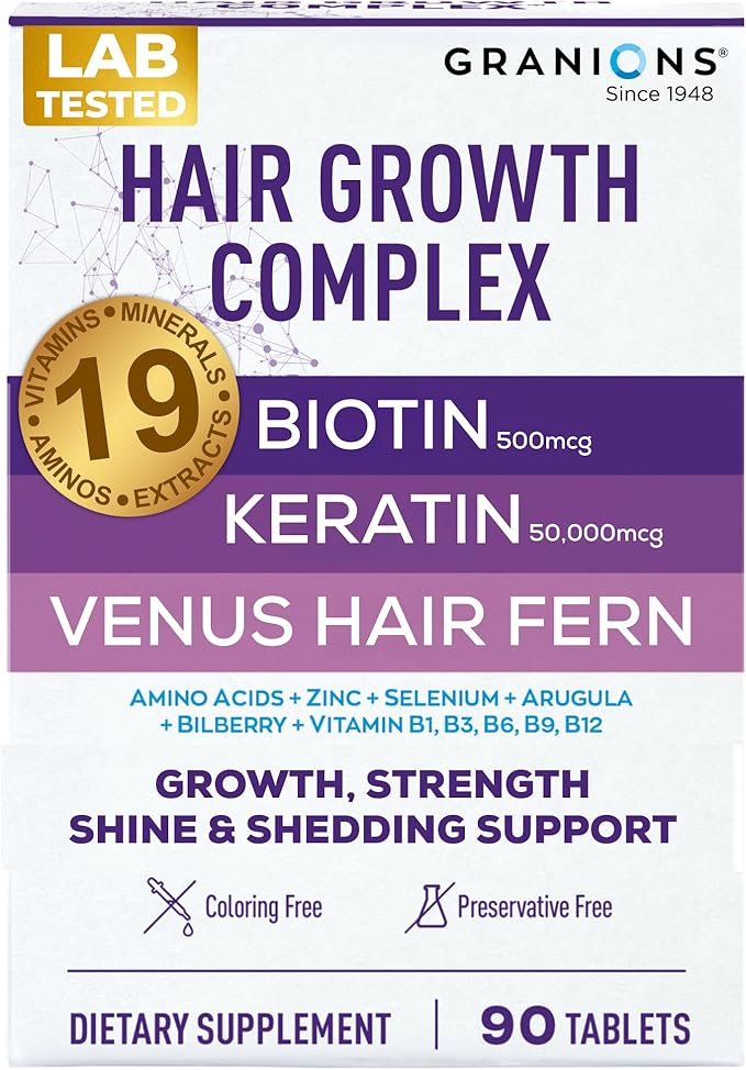 Granions Hair Growth Supplements - Biotin, Keratin & Amino Acids, Zinc & Selenium Pills for Women and Men - B-Vitamins Complex Hair Vitamins for Strength, Shine & Less Shedding - 90 Tablets