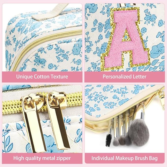 Personalized Travel Makeup Bag Set,Initial Travel Cute Floral Makeup Organizer Bag,Toiletry Skincare Cosmetic Bag, Valentine’s Day Gifts for Women/Girls,Open Flat Toiletry Pouch with Brush Pocket-S