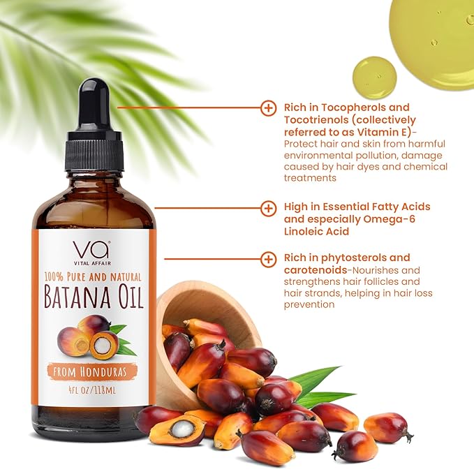 VITAL AFFAIR Batana Oil-Hair Growth Oil-4 Fl Oz-Glass Bottle-Cold Pressed-100% Raw-Dr Sebi Recommended-Essential Nutrients-For Women & Men