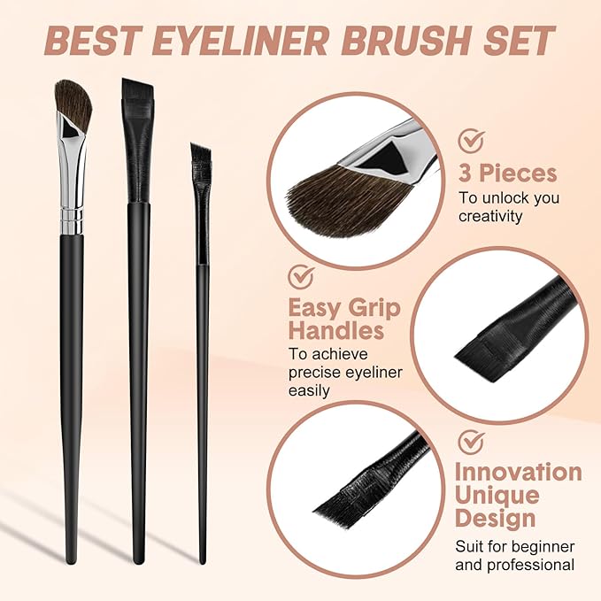 3 Pcs Eyeliner Brushes Set, Fine Angled Eyeliner Eyebrow Concealer Brushes, Upgraded Sickle Ultra Thin Extra thin Eyeliber Brush Slanted Flat Angle for Beauty Cosmetic Tool