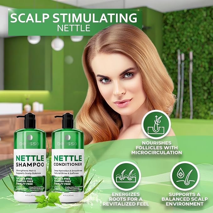 Nettle Shampoo and Conditioner Set - Sulfate Free to Boost Volume - Thickening, Strengthening, Volumizing Formula for Fine and Thinning Hair Women and Men - 16 Fl Oz (Pack of 2)