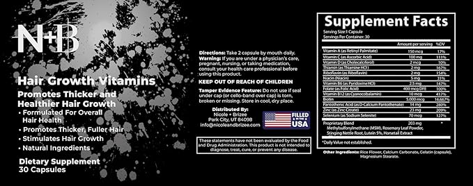 Nicole + Brizee N+B Hair Growth Vitamins - with Biotin, Vitamin C, Zinc, and Vitamin B12 - Natural-Based Hair Care Formula - Made in The USA - (30 Day Supply)(6-Pack)