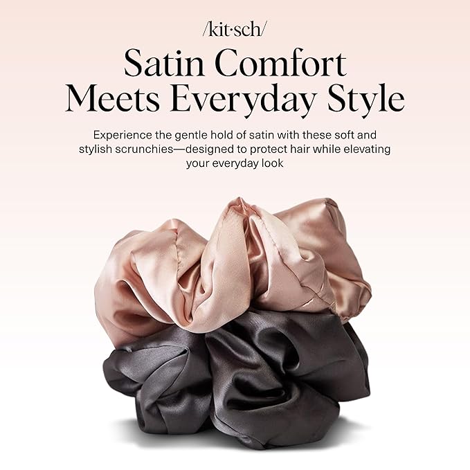 Kitsch Satin Hair Scrunchies for Women, Softer Than Silk Scrunchies for Hair - No Damage Satin Hair Ties, Ponytail Holders | Ideal Gifts for Women, 2pc (Blush/Charcoal)