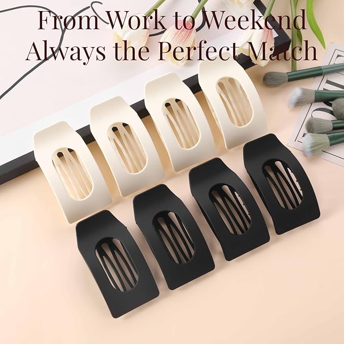 8 Pack Black White Flat Hair Clips for Women – Large Matte Rectangle No-Slip Claw Clips for Thick & Thin Hair, Strong Hold Square Hair Accessories