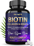 Biotin with Hyaluronic Acid, Keratin, and Collagen Supplements - Hair Growth Vitamins for Women, Healthy Nails and Skin, B1, B2, B3, B6, B7 Complex, USA