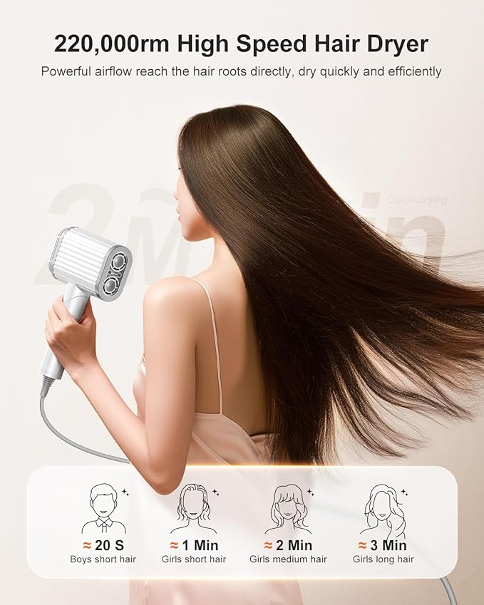 Hair Dryer, 220,000 RPM Dual High-Speed Brushless Motors Blow Dryer for 6X Fast Drying, 500 Million Negative Ionic Hair Dryers for Long Thick Hair, Low-Noise 4 Temps /4 Speeds