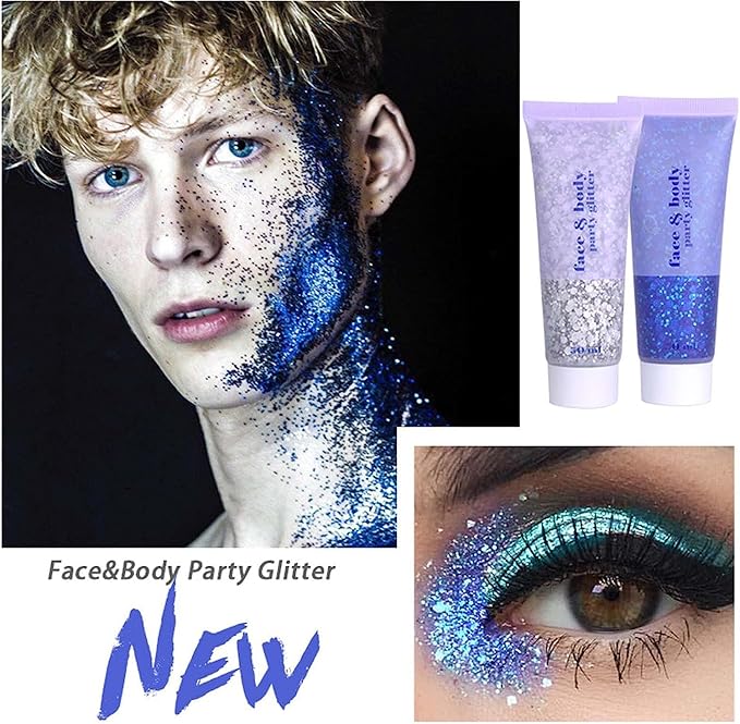 DAGEDA Body Glitter Gel, Body Sequins Shimmer Liquid Eyeshadow, Chunky Glitter for Face Hair Nails, Holographic Cosmetic Laser Powder Festival Glitter Makeup 50ml(Silver)