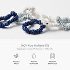 Fishers Finery 25 Momme Pure Mulberry Silk Skinny Scrunchies - Hanukkah Gift (Navy|Light Blue|White- 6 Pk)