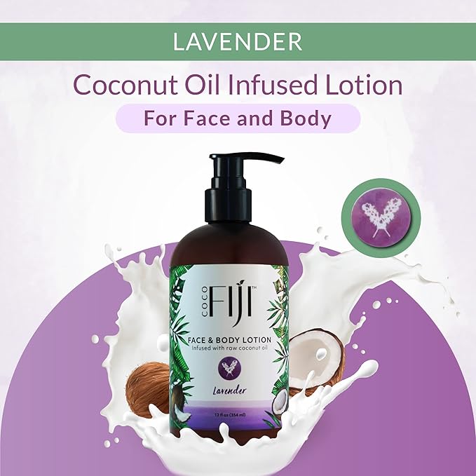 Coco Fiji Face & Body Lotion Infused With Coconut Oil | Lotion for Dry Skin | Moisturizer Face Cream & Massage Lotion for Women & Men | Lavender 12 oz, Pack of 1