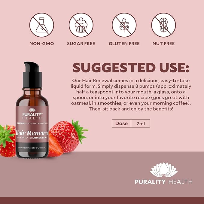 Purality Health Liposomal Hair Renewal, AnaGain Nu & Biotin, Supports Thicker, Fuller Hair, May Reduce Shedding & Promote Regrowth, Highly Absorbable Liquid Formula, Strawberry Flavor, 30 Servings