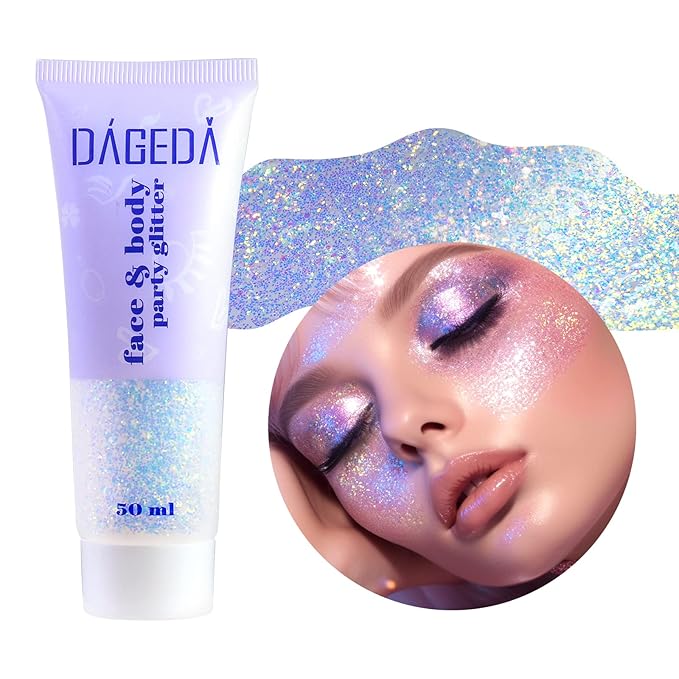 DAGEDA Body Glitter Gel, Holographic Face Glitters Body Gel Shimmer Liquid Eyeshadow, Color Changing Glitter for Face Hair Nails, Glitter Under Light Festival Glitter Makeup 1.7oz (Galaxy Blue)