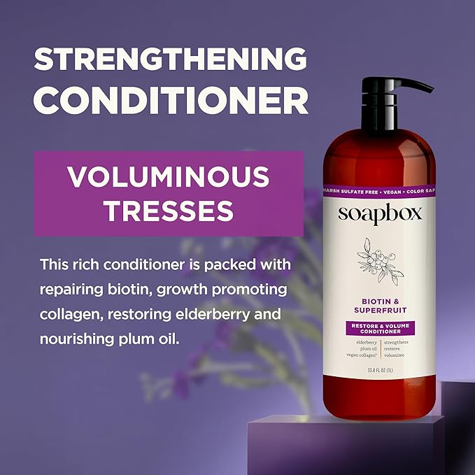 Soapbox Biotin & Collagen Super Fruit Conditioner for Thin, Fine, Thinning Hair | Volumizing & Softening Conditioner to Promote Hair Growth, Strength, Fullness, 1 Liter Pump Bottle