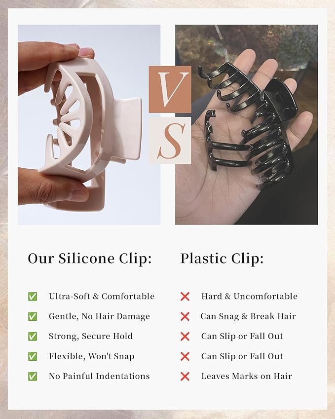 Mesovor 2 Styles Silicone Flexible Hair Claw Clips, 6 Pack Soft Bendable Hair Clips for Women | Rectangle Small Large Cozy Hairclips (White, Light Khaki, Dark Khaki)
