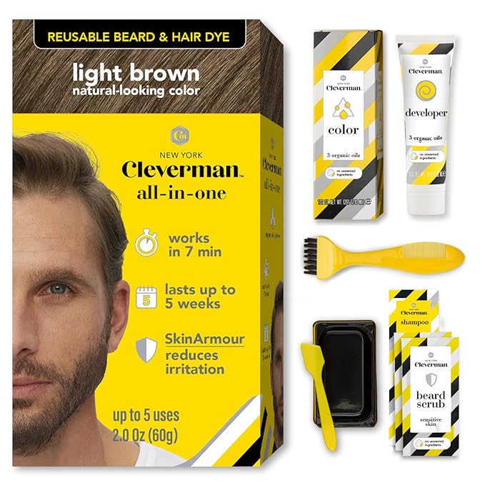 Cleverman Hair & Beard Dye Kit for Men, All-in-One Reusable Mens Hair Color, Natural Gray Coverage, Ammonia-Free Beard Mustache Dye for Men (Light Brown)