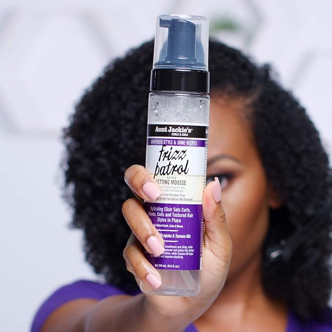 Aunt Jackie's Grapeseed Style and Shine Recipes Frizz Patrol Anti-Poof Setting Hair Mousse, Sets Curly Hair Styles in Place,Purple Fl.Oz 8.5 Ounce