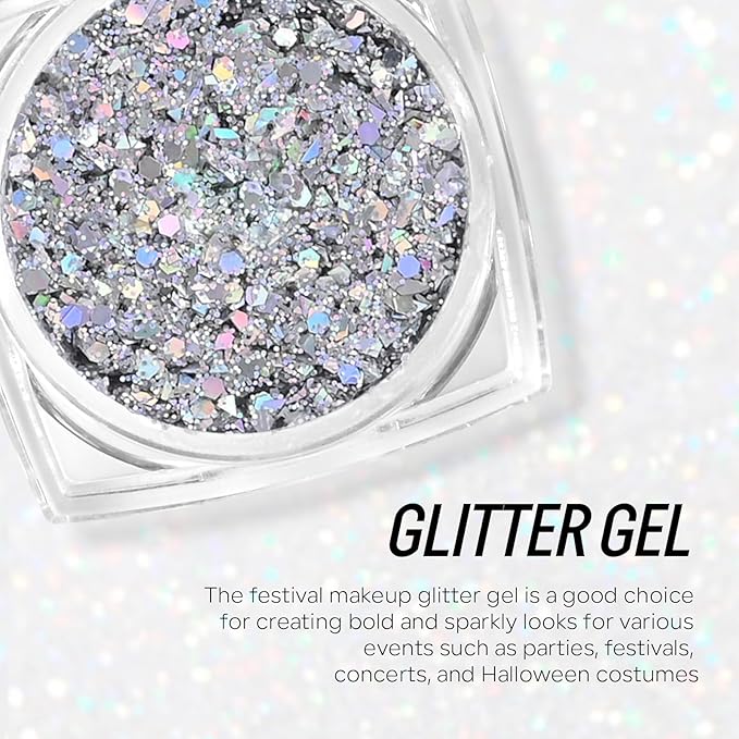 Silver Face and Body Glitter Gel, Party Concerts Cheer Face Paint Holographic Chunky Festival Rave Accessories Glitter Makeup Gel, 6 Kinds of Sparkling Sequins for Hair Nail Eye Lip Body