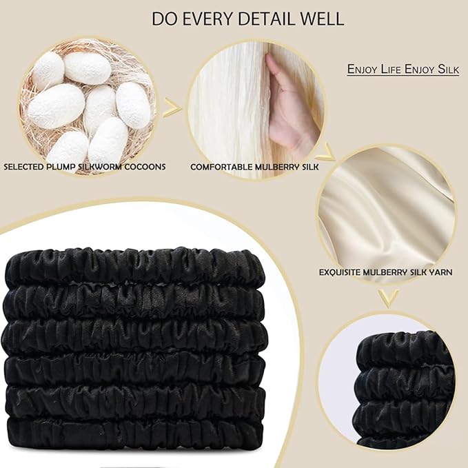 Suncdelv Silk,100% Silk Scrunchies for Hair,22 Momme Hair Ties for Anti-Crease & Breakage,Natural Women Hair Accessories，Fashion Hairbands 6PCS(Black）