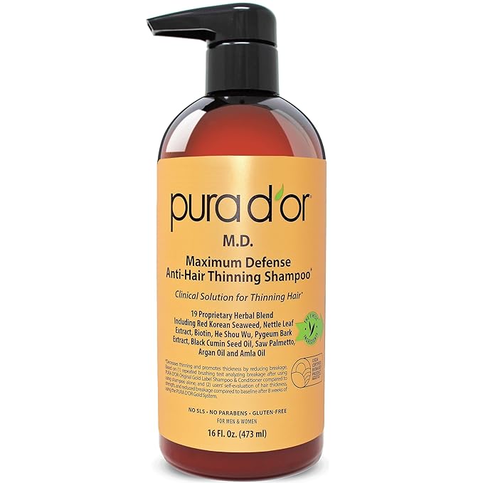 PURA D'OR 16 Oz MD Anti-Hair Thinning Maximum Defense Shampoo - 0.5% Coal Tar, Biotin, Proprietary Herbal Blend For Dry & Itchy Scalp, No Sulfates - For Men & Women