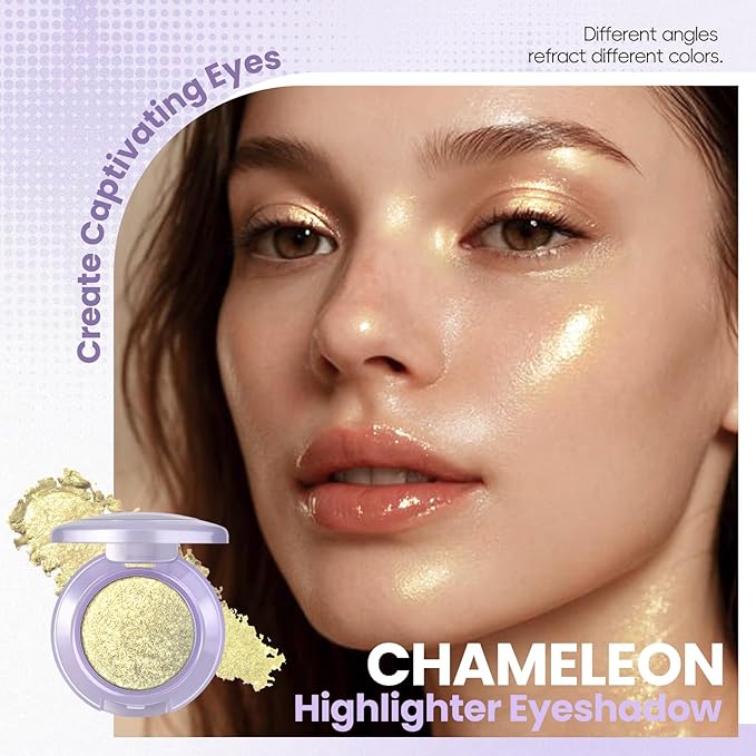 Holographic Champagne Gold Glitter Eyeshadow, Multichrome Shimmer Color Shifting Single Eyeshadow, Chameleon Metallic Iridescent Eye Shadow Palette Bouncy Texture Fairy Highlighter Makeup #4