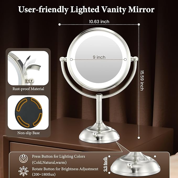 2025 VESAUR 9" Large 5000mAh Rechargeable Lighted Makeup Mirror Nickel, 1X/10X/20X HD Magnifying Mirror with Compact Suction Mirror, 3 Color Dimmable light, 360°Swivel Seamless Vanity Mirror, Gift Box