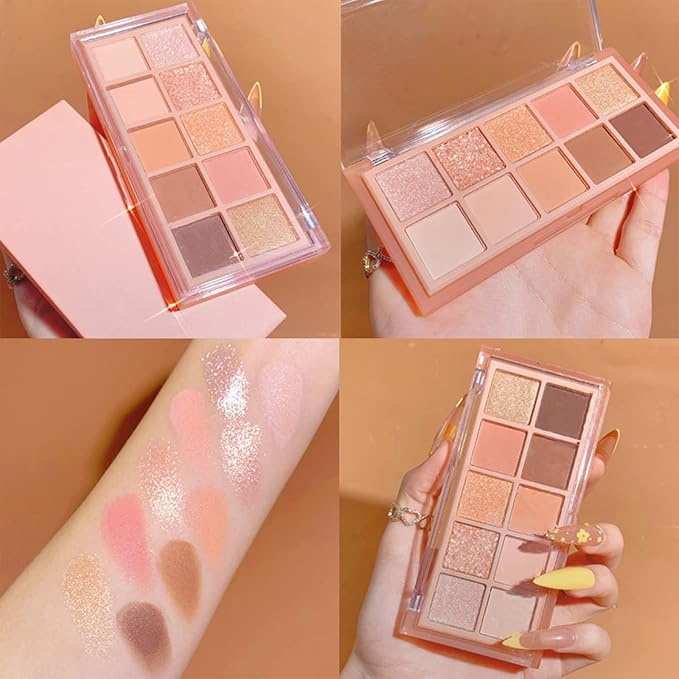 Erinde 10 Colors Eyeshadow Palette Makeup - Matte Shimmer Glitter Eye Shadow Korean Makeup, Ultra-Blendable, High Pigmented, Natural-Looking, Peach Brown Eyeshadow Pallet with Brush, Peach Color