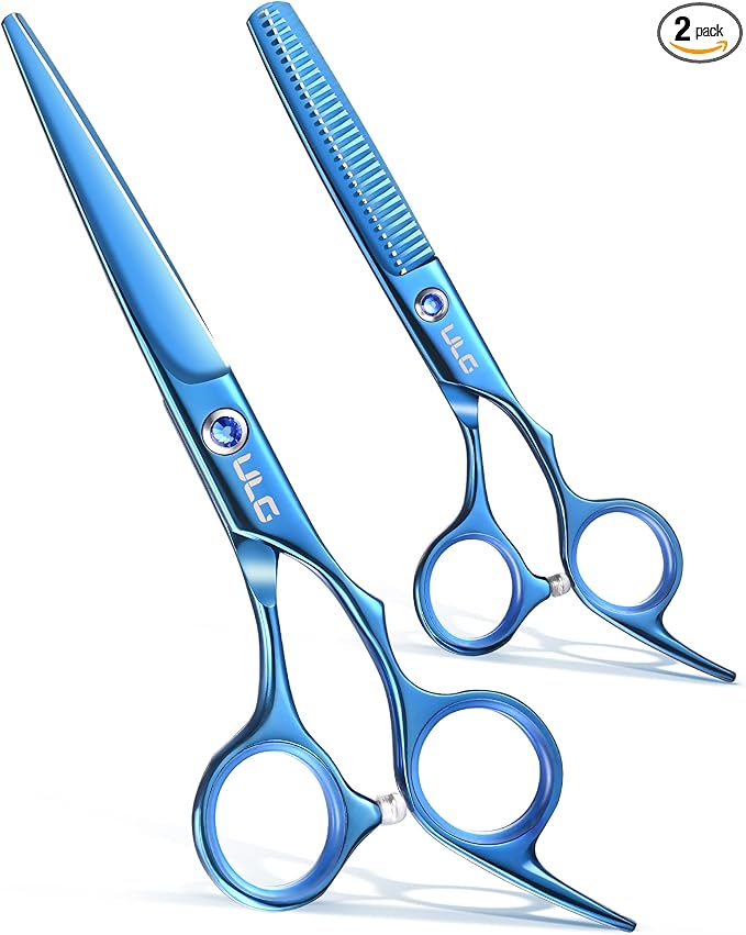 ULG Hair Cutting Scissors Thinning Shears Kit Professional Barber Hairdressing Texturizing Salon Razor Edge Scissor Japanese Stainless Steel 6.5 inch Blue