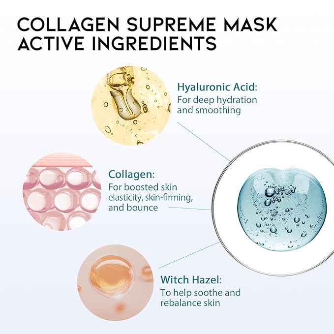 #OOTD Collagen Hydrating Sheet Masks for Face Korean Anti Aging Mask Sheet for Dry Skin & Sensitive Skin, EVE Vegan, Not Tested on Animals, No Parabens, No Sulfates, Hyaluronic Acid, Witch Hazel 10EA