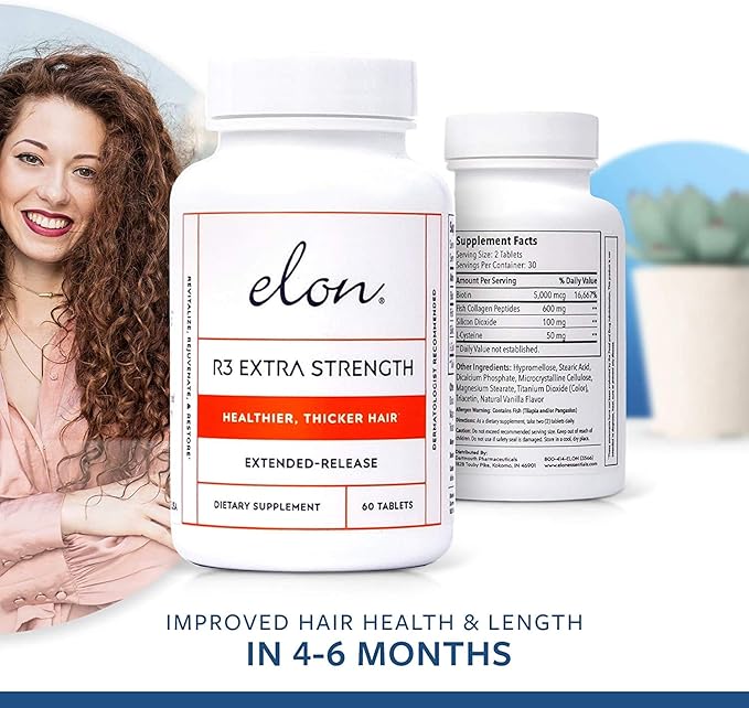 Elon R3 Extra Strength for Hair Growth - Supplements for Women to Grow Thicker, Fuller Hair, Advanced Formula with 5000 mcg Biotin Per Serving & Collagen, 60 Count (Pack of 3)