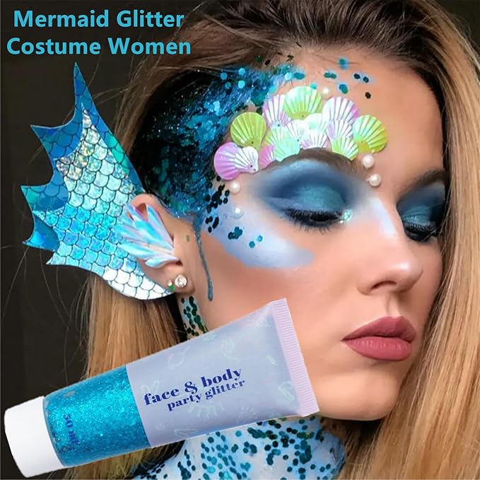 Go Ho Light Blue Face Body Glitter Gel,Blue Mermaid Face Paint Makeup,Holographic Chunky Sequins Glitters for Eye Lip Hair,Halloween Costumes Festival Rave Accessories,52g