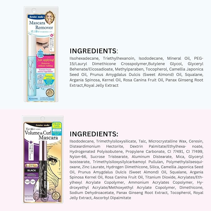 HEROINE MAKE by KISSME Volumizing Waterproof Mascara Volume & Length with Curvy Brush by Defining Fiber for Long-lasting Natural Eyelash Look + Gentle Mascara Remover Oil Free, 2 Set
