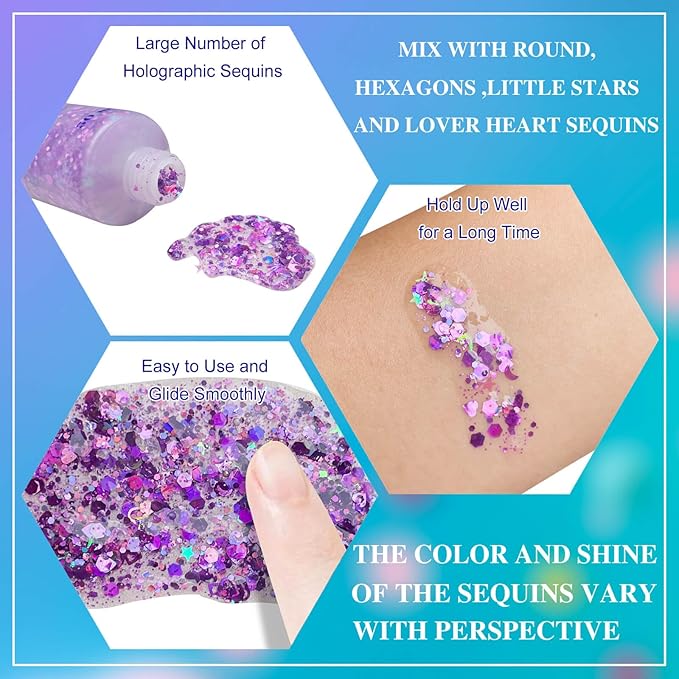 MEICOLY Purple Hair Glitter Kids Makeup,Halloween Sparkly Face Glitter,Mermaid Sequins Face Body Glitter,Chunky Glitter for Festival Rave Accessories Costume Outfits for Women,50ml