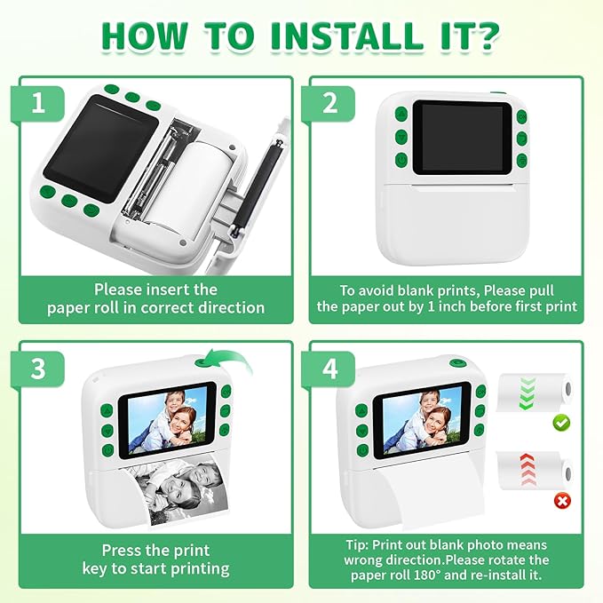 Instant Print Camera for Kids, Christmas Birthday Gifts for Girls Boys, 1080P Instant Digital Print Cameras for Toddler,Portable Toy for 4 5 6 7 8 9 10 Year Old Girl with 32GB SD Card，White