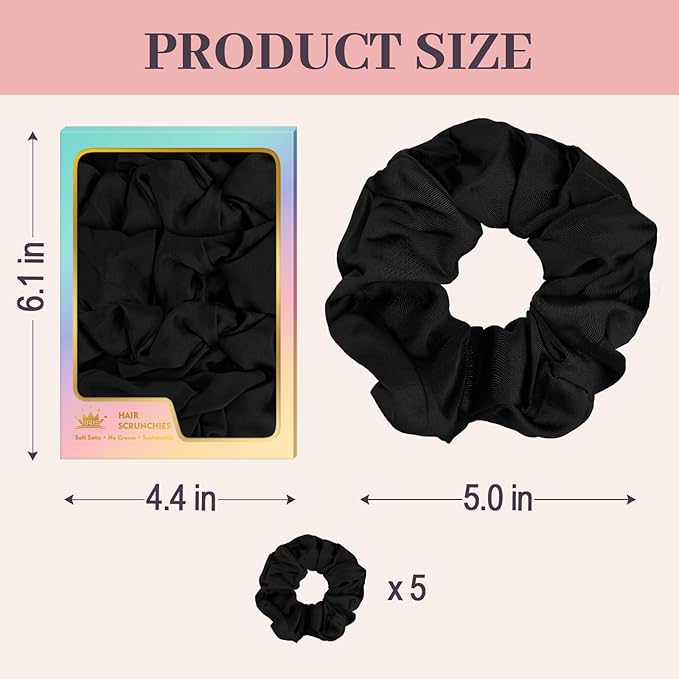 5Pcs Black Satin Scrunchies for Women, Softer Than Silk Scrunchies, Fashion No Crease Hair Ties for Thin Thick Hair,Soft Hair Bands No Damage for Girls, Ideal Gifts for Women (Set 2)
